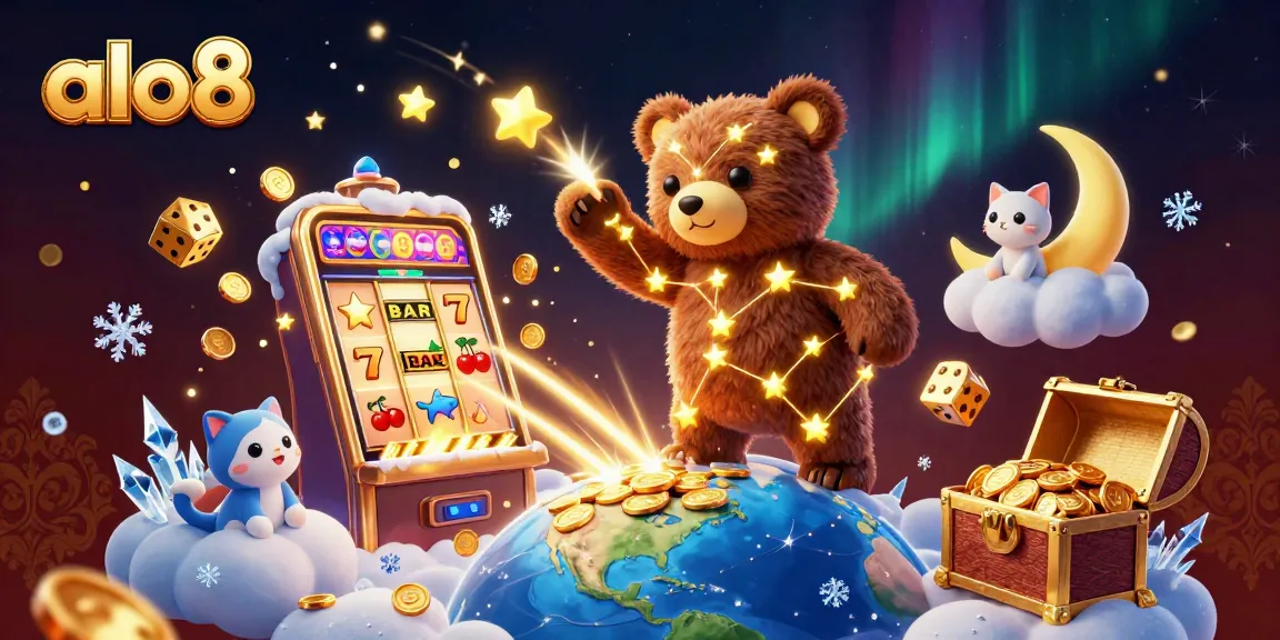 Alo8 players enjoy a vibrant 3D casino scene featuring a constellation bear and jackpot symbols.
