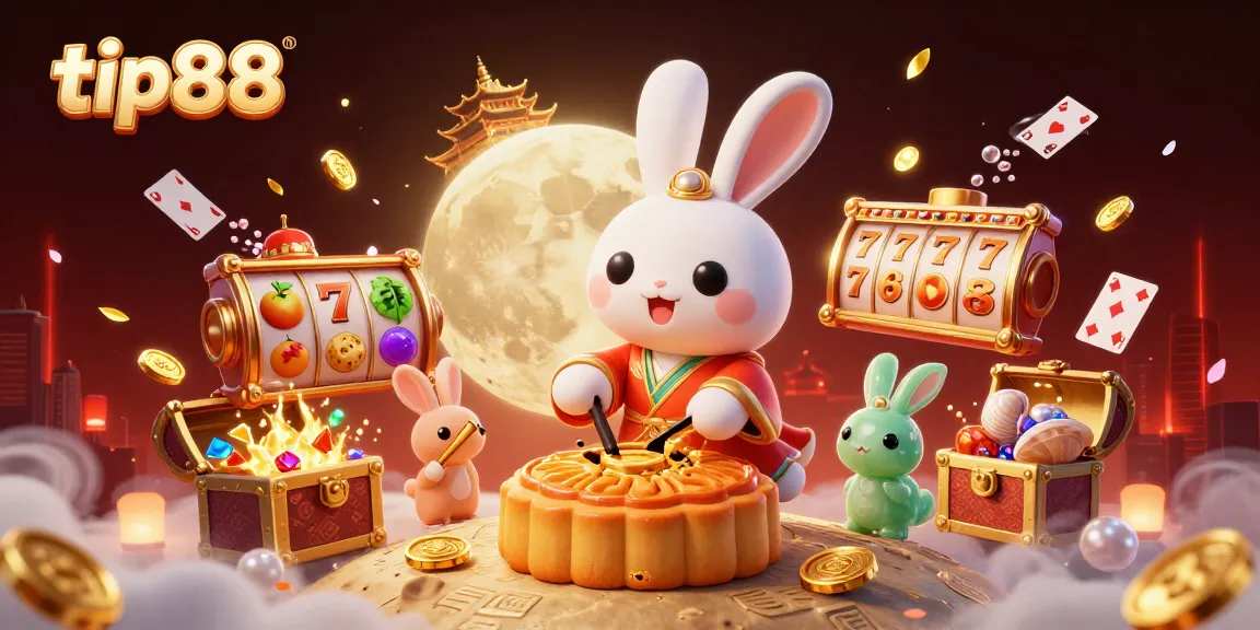 Experience exciting gaming with tip88 featuring a moon rabbit revealing poker chips and slots in a vibrant 3D scene.