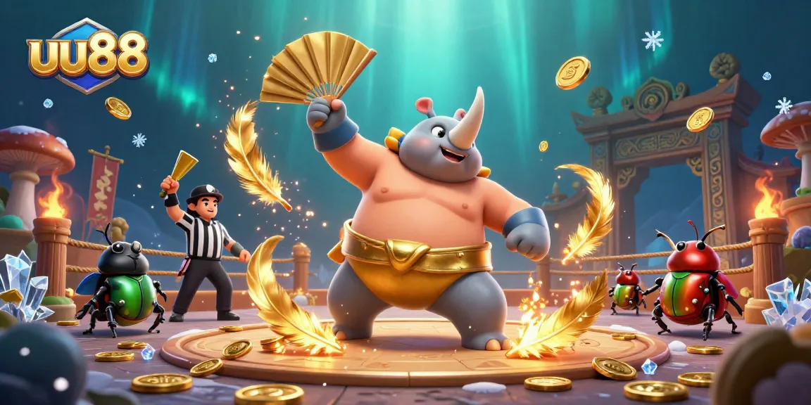 Experience the excitement of uu88 as the beetle champion sends golden coins flying in a vibrant digital casino scene.