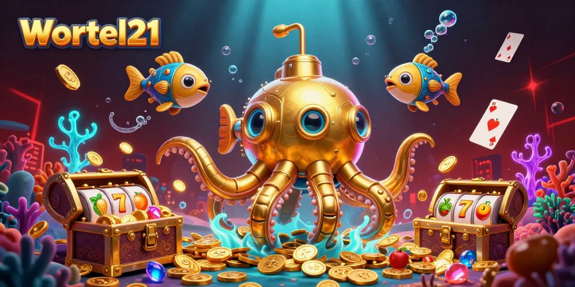 Experience Wortel21's thrilling slot adventure with golden kraken submarine amid colorful gems and slot reels.