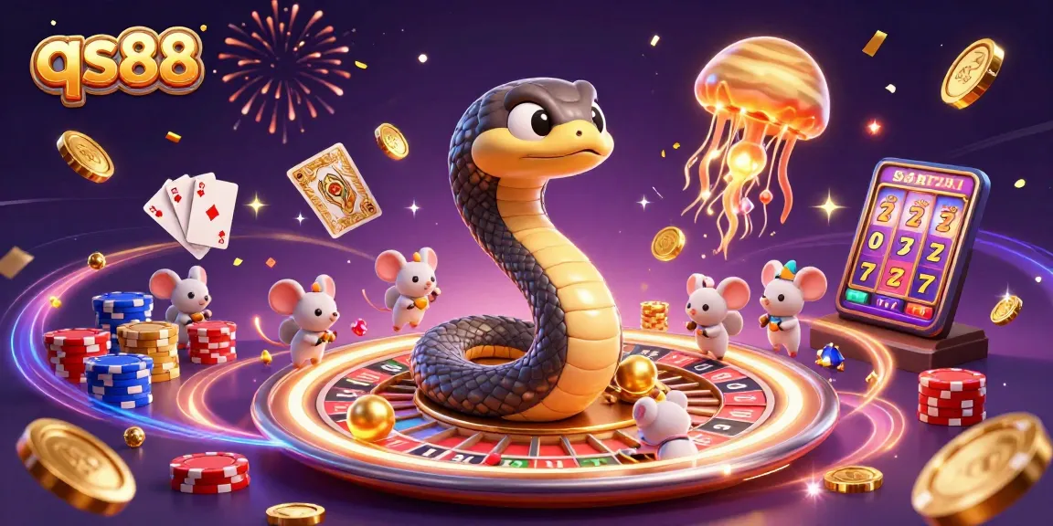 Bet on the whimsical qs88 casino scene, featuring a roulette snake, cosmic dealer, and vibrant gaming elements.
