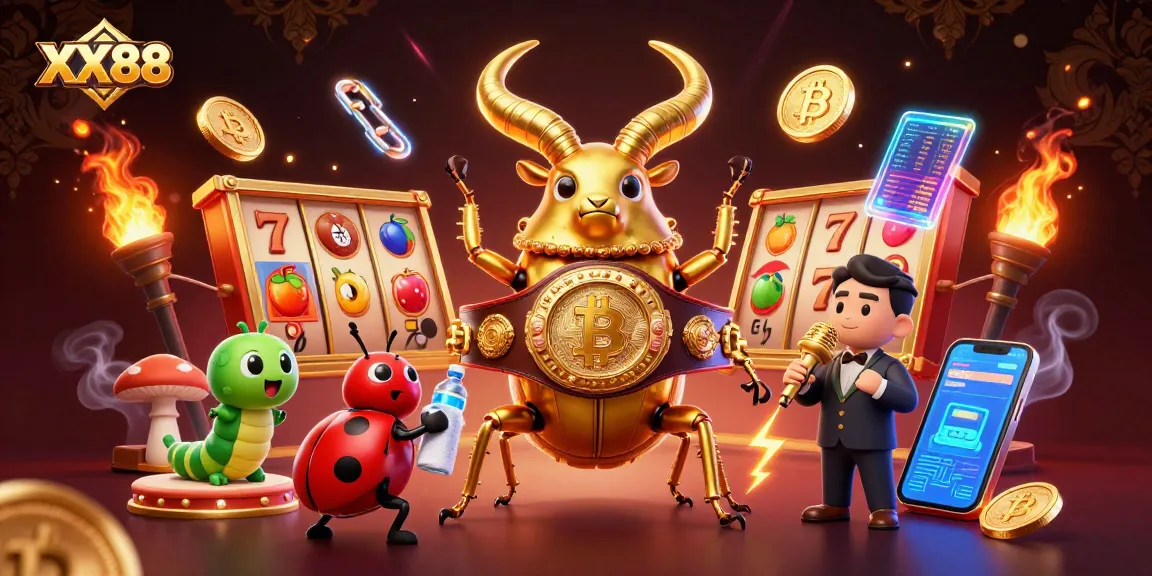 Experience the excitement of XX88 with a stunning visual of a vibrant casino scene filled with colorful slot elements and characters.