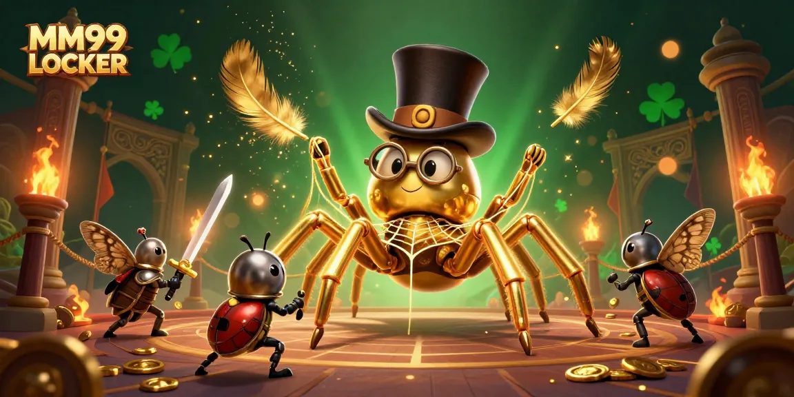 Engage with the thrilling MM99 LOCKER casino scene featuring a golden tarantula and brave beetle knight