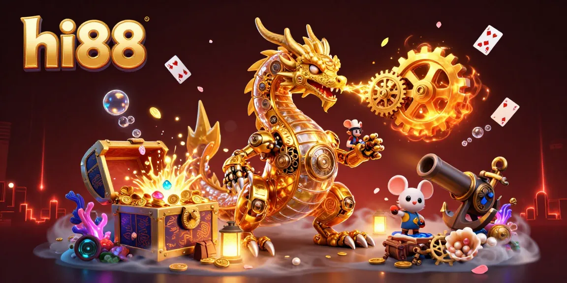 Experience thrilling gameplay at hi88 with a mystical dragon amidst gold and gaming elements.