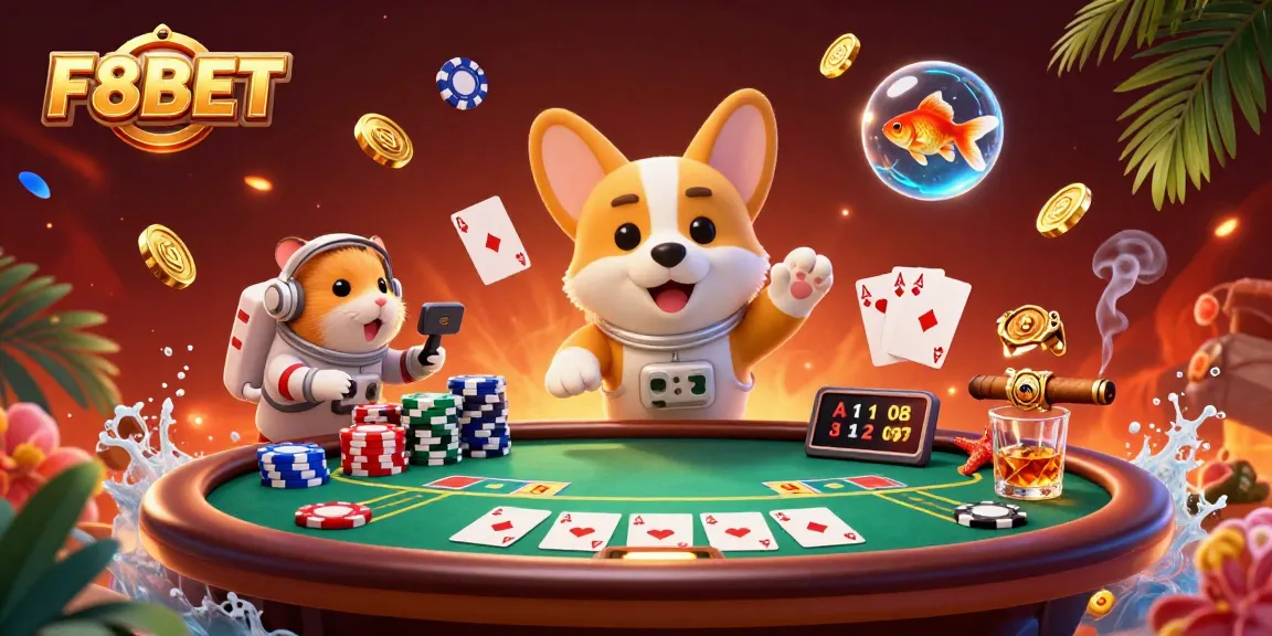 Experience the excitement of F8BET with a cartoon astronaut corgi floating in a casino.
