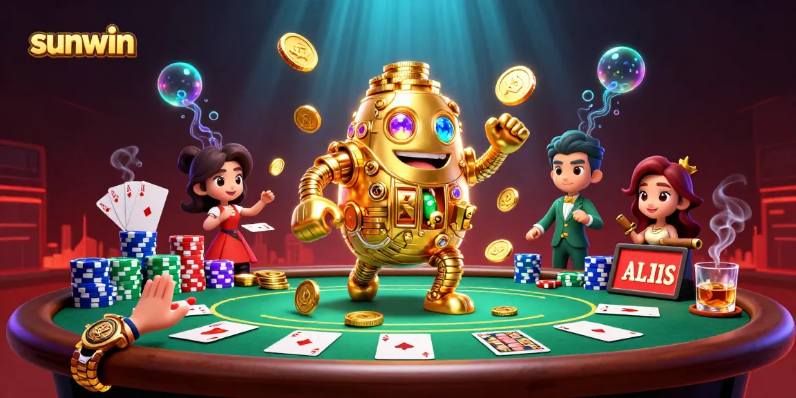 Engage in thrilling gaming with sunwin in a vibrant casino scene featuring a golden golem and poker elements.