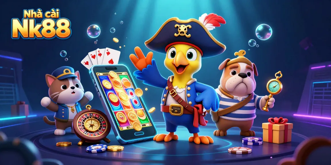 Engage in exciting gameplay at Nhà cái Nk88 with a vibrant casino scene featuring animated characters and slot games.