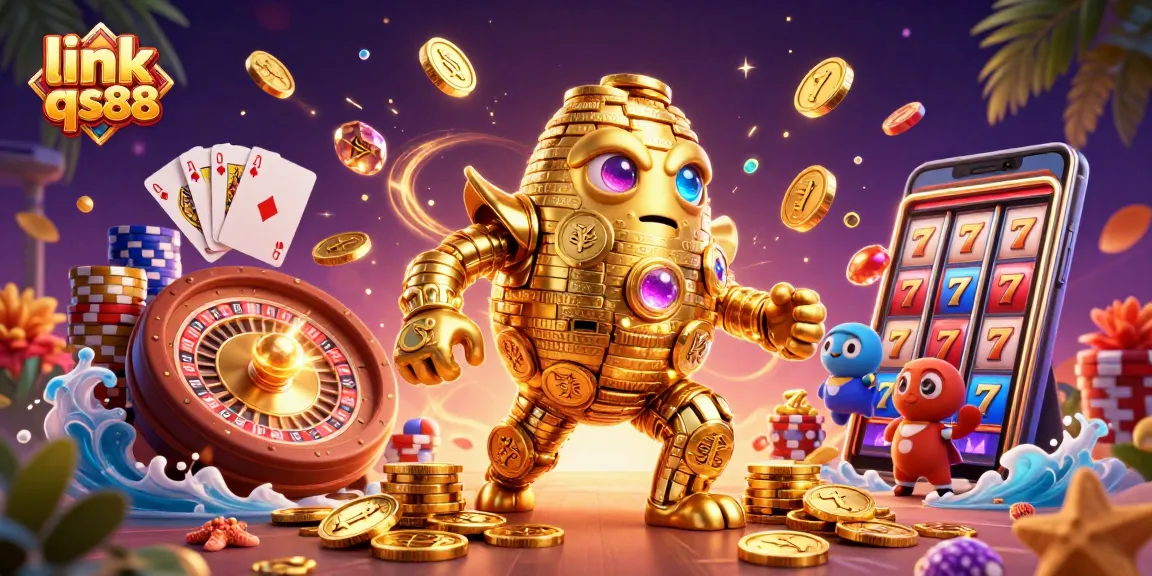 Spin the reels with link qs88 as a golden golem captivates players in a vibrant casino scene.