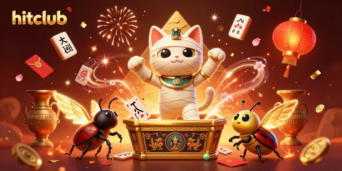 Immerse in hitclub's exciting pyramid casino with a mummy cat, glowing scarab, and dynamic gaming elements.