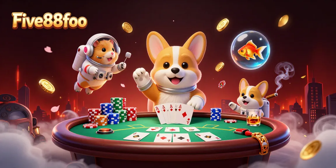Five88foo’s animated casino scene with corgi astronaut, poker chips, and a whimsical setting.