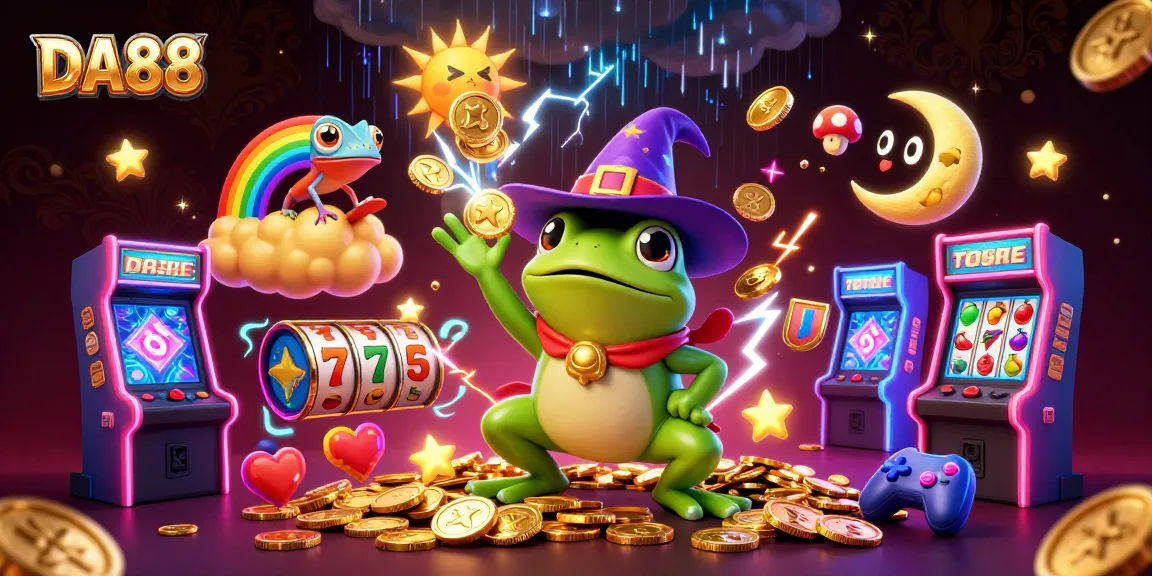DA88 unleashes a storm of golden coins amidst vibrant casino elements for an exciting experience.