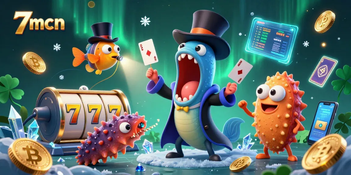 Experience thrilling magic with 7mcn as a bioluminescent eel performs card tricks amidst vibrant casino elements.