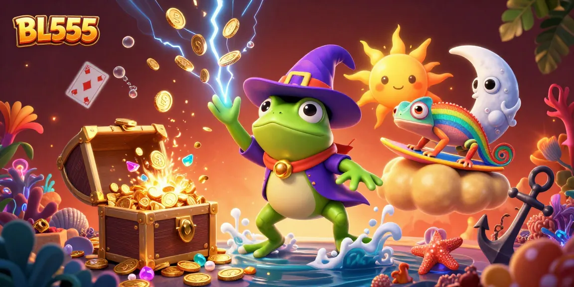 Experience thrilling moments at BL555, where the wizard frog conjures golden coins amidst vibrant casino elements.