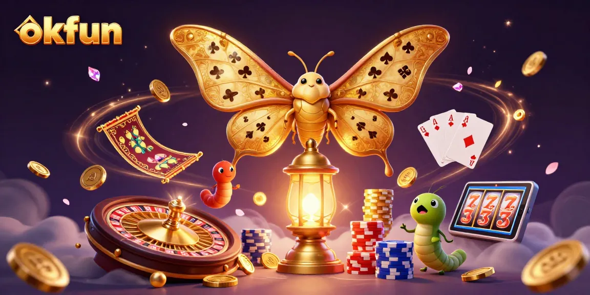 Engage in big wins with OKFUN, featuring a moth and golden lantern in a vibrant casino scene.
