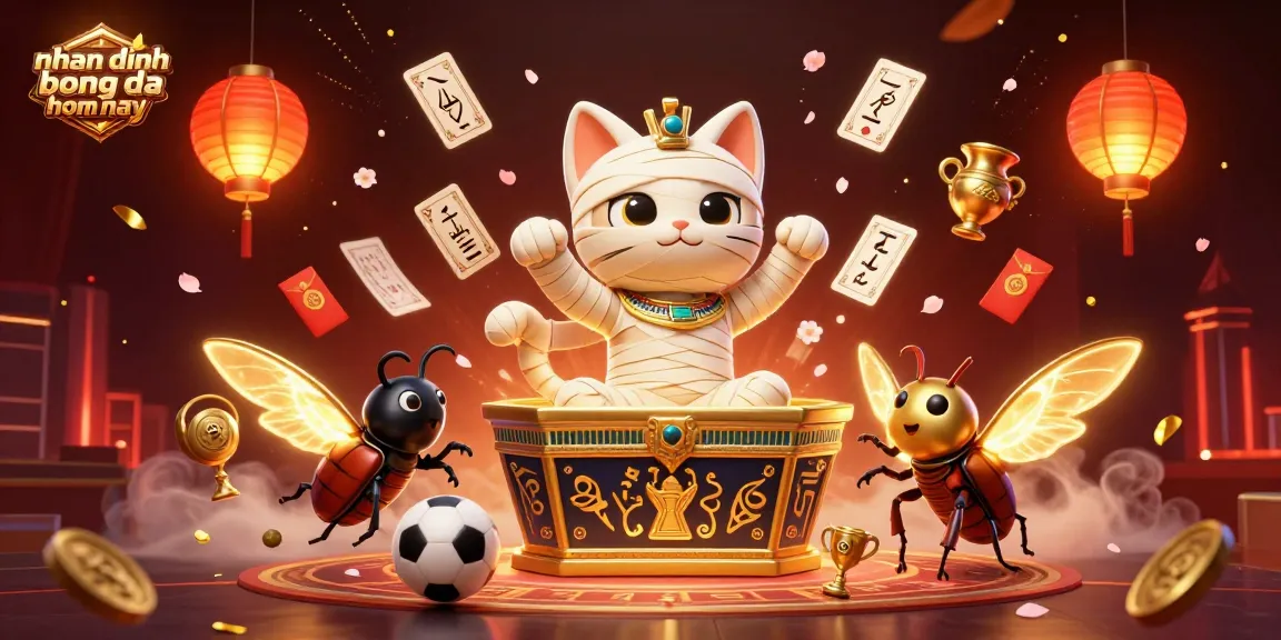 A vibrant 3D scene showcasing a lively Egyptian mummy cat in a casino with animated sports betting elements, embodying nhan dinh bong da hom nay excitement.