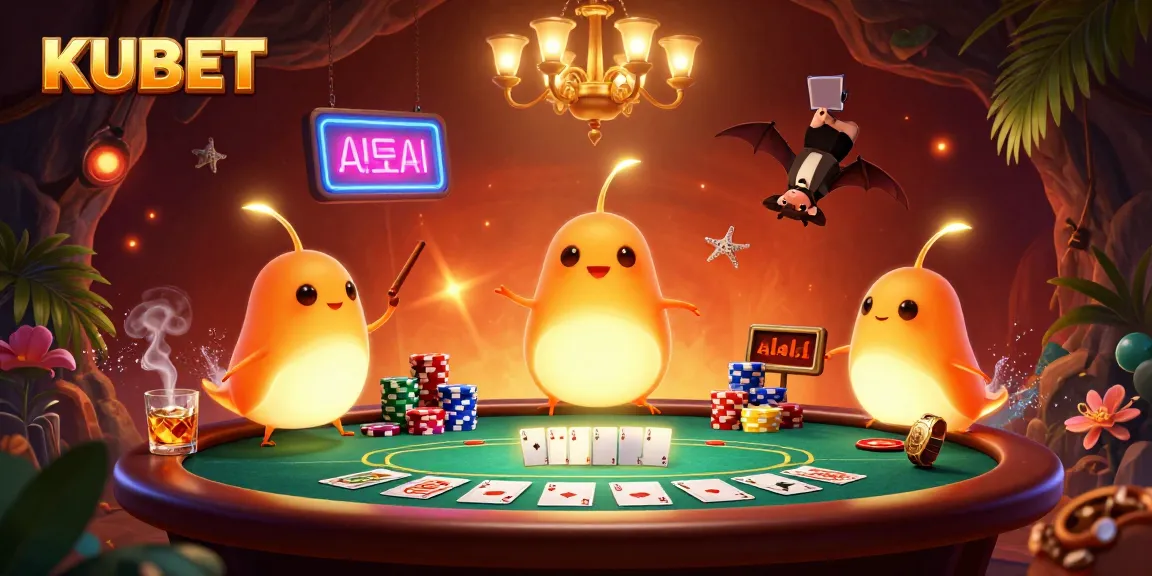 KUBET casino illustration featuring glowworms and a bat dealer at a vibrant poker table.