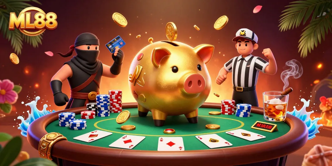 ML88 features a golden piggy bank sumo wrestler shaking coins in a vibrant casino scene.