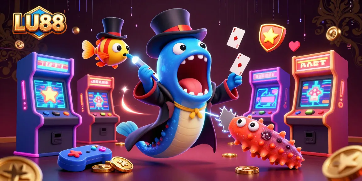 Catch thrilling moments at LU88 with vibrant 3D casino characters showcasing magical card tricks.