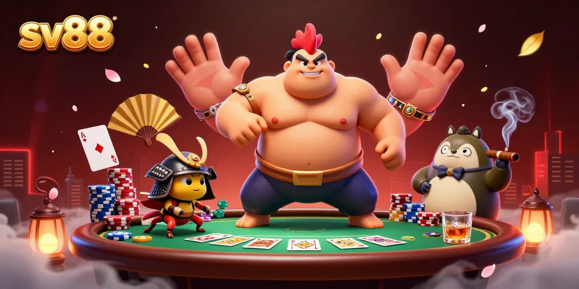sv88 showcases a powerful sumo rooster and a fierce cricket in a lively poker scene, highlighting intense gambling action.