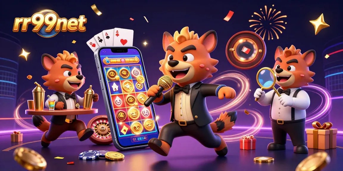 Engaging 3D illustration of hyenas in a comedy casino scene with rr99net branding, showcasing a lively casino atmosphere.