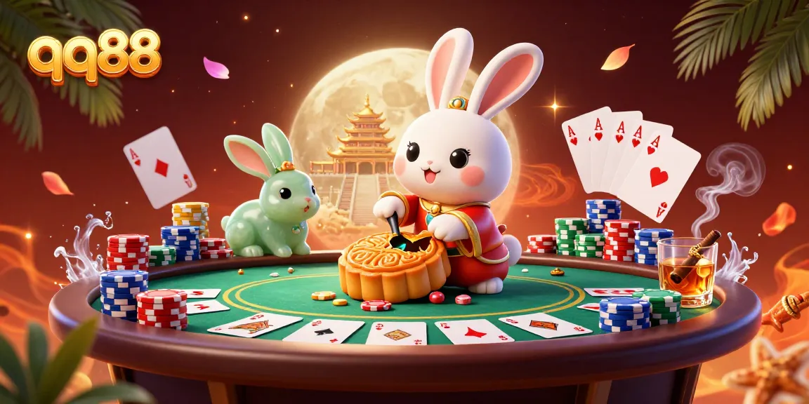 Experience the excitement of qq88 with 3D rabbit characters revealing poker riches on the moon.